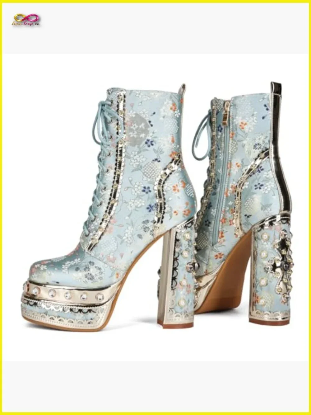 Cowgirl Block Heel Ankle Platform Boots Embroidered Fabric Gemstones Dress - Picture 4 of 7